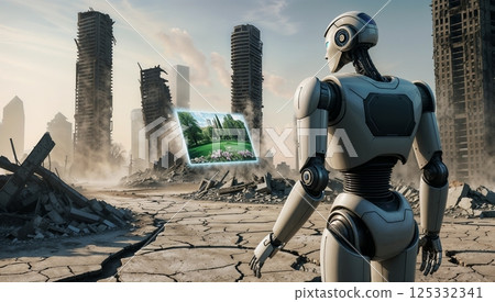 pollution ruins with lone robot projecting nature memory for use in climate change visuals and sci fi illustrations 125332341