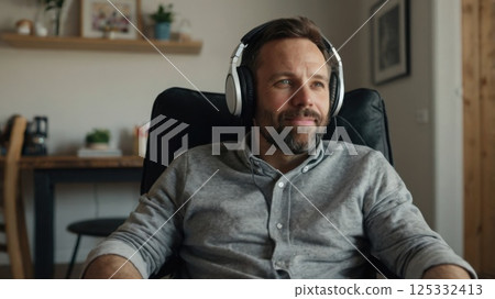 man in wheelchair listening to music on headphones. Concept of inclusivity and ability to have fun man in wheelchair listening to music on headphones. Concept of inclusivity and ability to have fun 125332413