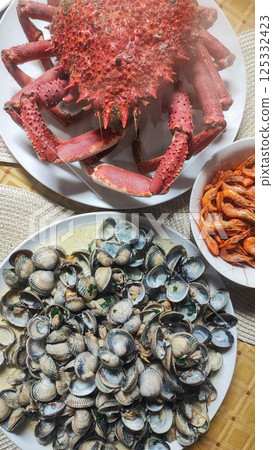 Crab fest. Seafood menu. Steamed crabs. Beer festival. Steamed crabs with spices. Maryland blue crabs. Food, dinner in Portugal. 125332423