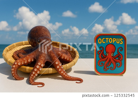 濾鍋裡的新鮮章魚和罐頭食品 濾鍋裡的新鮮章魚和罐頭食品 125332545