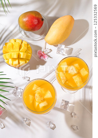 Frozen lemonade cocktail or juice with mango slices, mojito with tequila, lemon, ice, bar and party concept, restaurant and cafe advertising card, top view, selective focus. Frozen lemonade cocktail or juice with mango slices, mojito with tequila, lemon, ice, bar and party concept, restaurant and cafe advertising card, top view, selective focus. 125332569