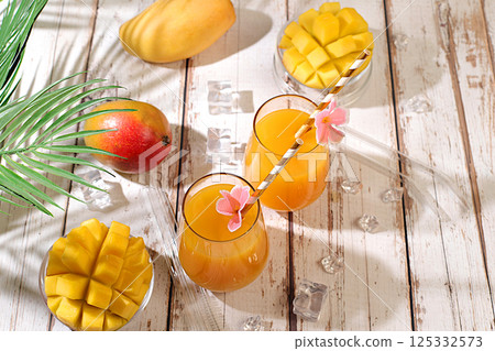 Summer party concept. Homemade cocktail, juice or lemonade with mango slices and ice on sunny kitchen table. Refreshing summer diet drink recipe, Detox diet and healthy lifestyle, Restaurant menu, 125332573