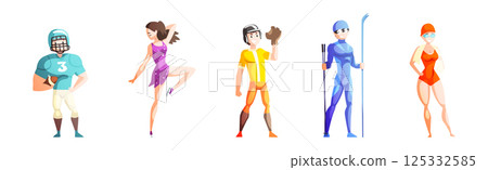 Man and Woman Athlete Character Engaged in Different Sport Vector Set Man and Woman Athlete Character Engaged in Different Sport Vector Set 125332585