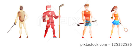 Man and Woman Athlete Character Engaged in Different Sport Vector Set Man and Woman Athlete Character Engaged in Different Sport Vector Set 125332586