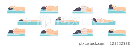 Correct and Incorrect Sleeping Body Posture of Man and Woman Vector Set 125332588