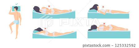 Correct and Incorrect Sleeping Body Posture of Man and Woman Vector Set Correct and Incorrect Sleeping Body Posture of Man and Woman Vector Set 125332592