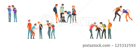 Teen Guy Aggressor and Victim Abusing Weak Agemate Vector Set 125332593
