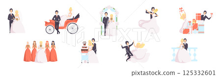 Just Married and Newlyweds Couple of Man and Woman Vector Set 125332601