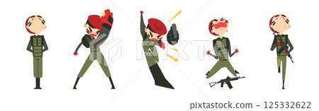 Military Man Soldier Character with Weapon on Battle Field Vector Set Military Man Soldier Character with Weapon on Battle Field Vector Set 125332622