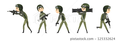 Military Man Soldier Character with Weapon on Battle Field Vector Set Military Man Soldier Character with Weapon on Battle Field Vector Set 125332624