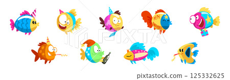 Funny Fish Character Floating with Gift Box Celebrating Holiday Vector Set 125332625