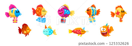 Funny Fish Character Floating with Gift Box Celebrating Holiday Vector Set 125332626