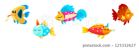 Funny Fish Character Floating with Whistle Celebrating Holiday Vector Set 125332627