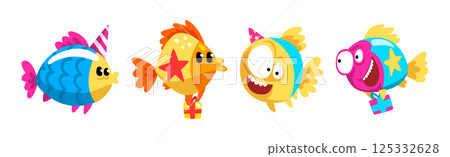 Funny Fish Character Floating with Gift Box Celebrating Holiday Vector Set 125332628