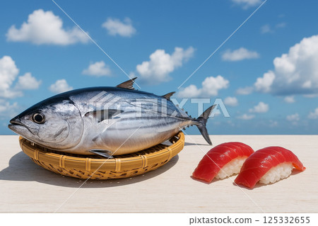 Freshly caught bonito in a basket and nigiri sushi 125332655
