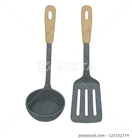 Watercolor illustration of a ladle and spatula (transparent PNG) 125332774
