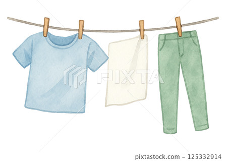 晾衣服的風景水彩畫 125332914