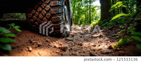 The rugged tire of an off-road vehicle on a dirt trail in a lush forest 125333136