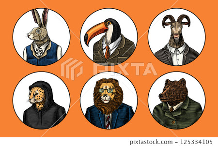 6 different animals and birds in humans clothes and suits. Lion, tuscan bird and bear next to rabbit 125334105