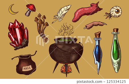 Big collection of wizardry elements for magic rituals or tarot deck, book, cat hand Witch with stone Big collection of wizardry elements for magic rituals or tarot deck, book, cat hand Witch with stone 125334125