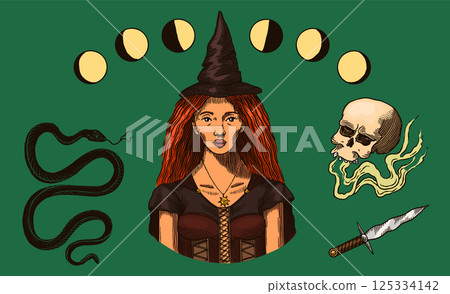 Big collection of wizardry elements for magic rituals or tarot deck, book, cat hand Witch with stone Big collection of wizardry elements for magic rituals or tarot deck, book, cat hand Witch with stone 125334142
