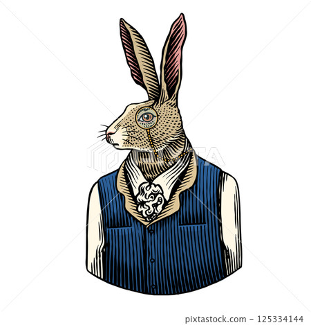 Hare or rabbit gentleman in human clothes. Anthropomorphic animal in shirt and vest with tie in hand Hare or rabbit gentleman in human clothes. Anthropomorphic animal in shirt and vest with tie in hand 125334144