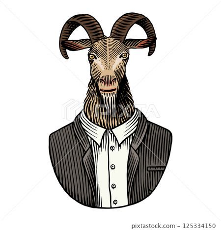 A goat gentleman in suit. Hand drawn animal character with horns in human clothes for beer bottle or 125334150