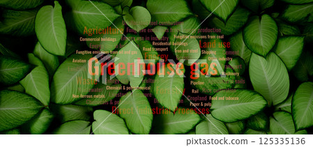 Greenhouse gas emissions from agriculture and industrial activity releasing air pollution into the atmosphere, with leaf background symbolizing environmental impact and global climate awareness. 125335136