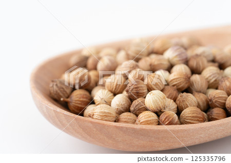 木勺上的芫荽籽的特寫 125335796