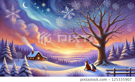 一個美妙的冬日日落,一座白雪皚皚的山間小屋,一隻狐狸和一隻狼在樹下凝視著日落 一個美妙的冬日日落,一座白雪皚皚的山間小屋,一隻狐狸和一隻狼在樹下凝視著日落 125335907