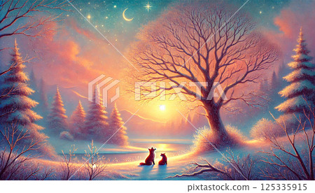 這是一幅奇妙的冬日景象:兩隻狐狸在閃爍的星空和新月下凝視著雪湖畔的日落。 這是一幅奇妙的冬日景象:兩隻狐狸在閃爍的星空和新月下凝視著雪湖畔的日落。 125335915