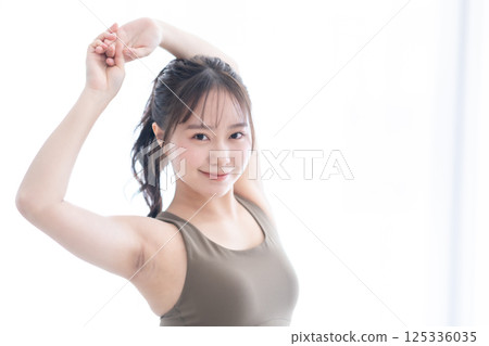 Image of healthy beauty hair removal wearing separates, white background 125336035