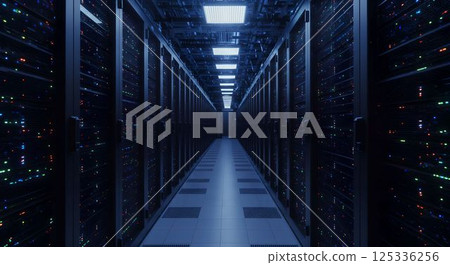 高科技資料中心伺服器機房和 LED 指示燈視圖 2 AI 產生的影像 125336256
