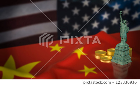 The Statue of Liberty on China and America flag Background 3d Rendering. 125336930