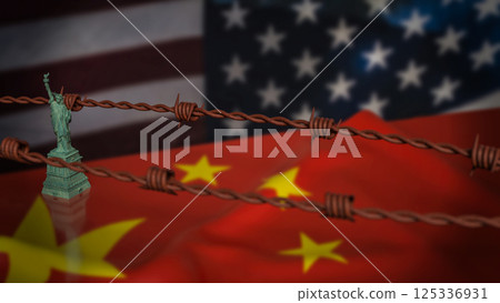 The Statue of Liberty on China and America flag Background 3d Rendering. 125336931