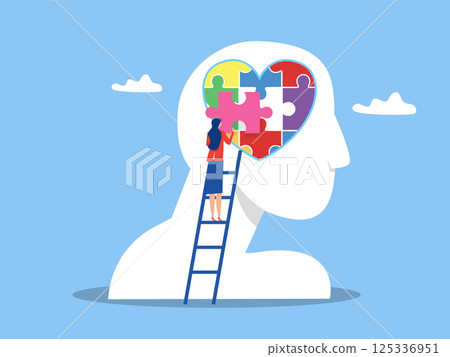 Heart shaped puzzle Mental health concept, woman making heart jigsaw in brain. World mental health day. Psychological therapy and treatment vector Heart shaped puzzle Mental health concept, woman making heart jigsaw in brain. World mental health day. Psychological therapy and treatment vector 125336951