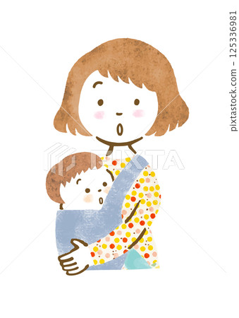 手繪插圖：一位母親驚訝地用嬰兒背帶抱著她的寶寶 125336981