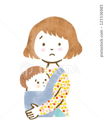 A hand-drawn illustration of a mother with a troubled face holding a baby in a baby carrier A hand-drawn illustration of a mother with a troubled face holding a baby in a baby carrier 125336985