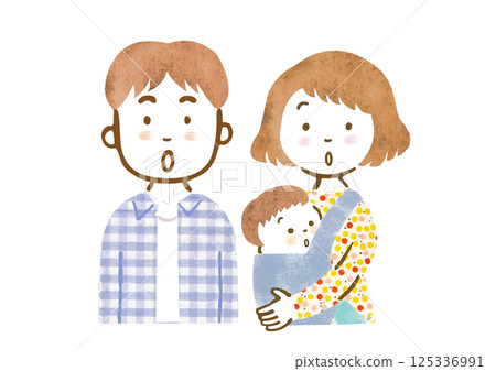 Family illustration of a mother and father holding a baby (surprised face, upper body) 125336991