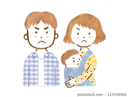 母親和父親抱著嬰兒的家庭插圖（憤怒的臉，上半身） 125336992