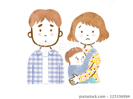 Family illustration of a mother and father holding a baby (troubled face, upper body) 125336994