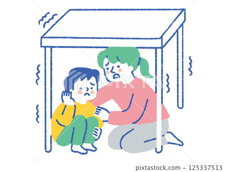 母親和孩子躲在桌子底下_顏色 母親和孩子躲在桌子底下_顏色 125337513