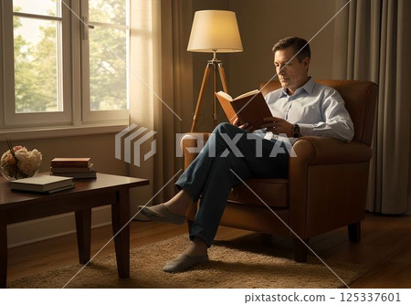 A man relaxing while reading a book in the gentle afternoon light 1 AI-generated image 125337601