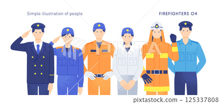 面臨地震、颱風和火災。一組值得信賴的消防員和救援隊的插圖。 125337808