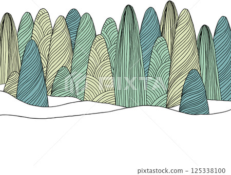 Landscape line art ink drawing, pine forest with snow hills 125338100