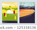 Countryside landscape poster design, house in the forest and lake in the forest 125338136