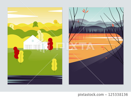 Countryside landscape poster design, house in the forest and lake in the forest 125338136