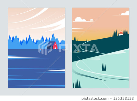 Countryside landscape poster design, house in jungle and church on mountain 125338138