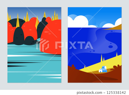 Countryside landscape poster design, river in the forest and seacoast village 125338142
