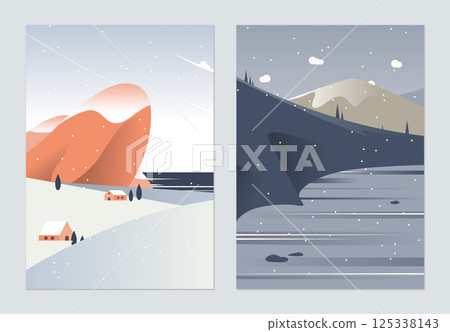 Countryside landscape poster design, village beside the sea and frozen lake in the valley Countryside landscape poster design, village beside the sea and frozen lake in the valley 125338143